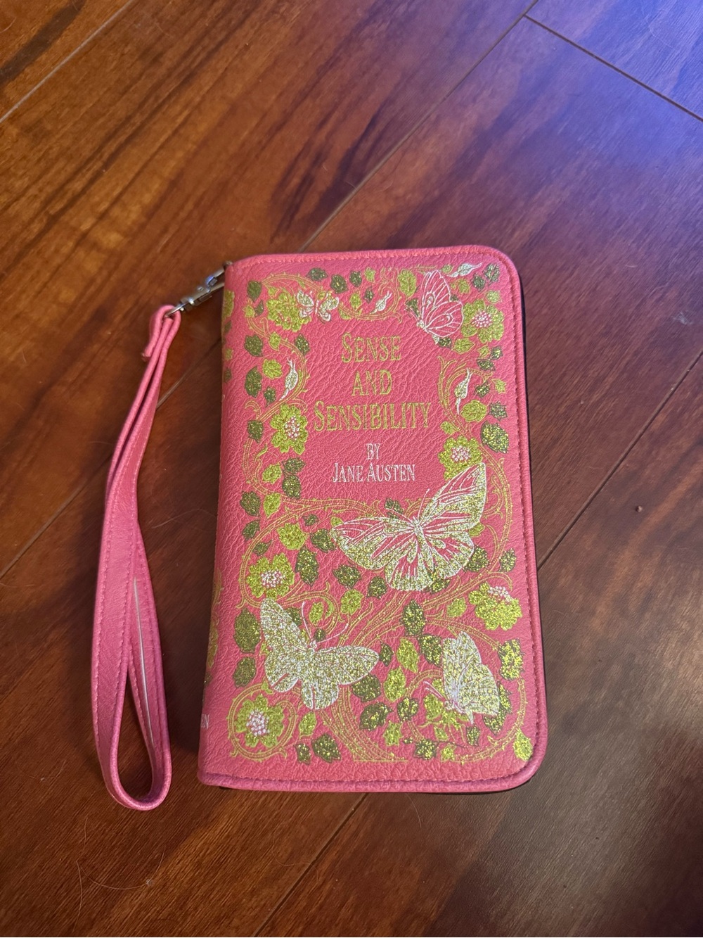 Pink 'Sense and Sensibility' Wristlet Wallet with Gold Butterfly Detail